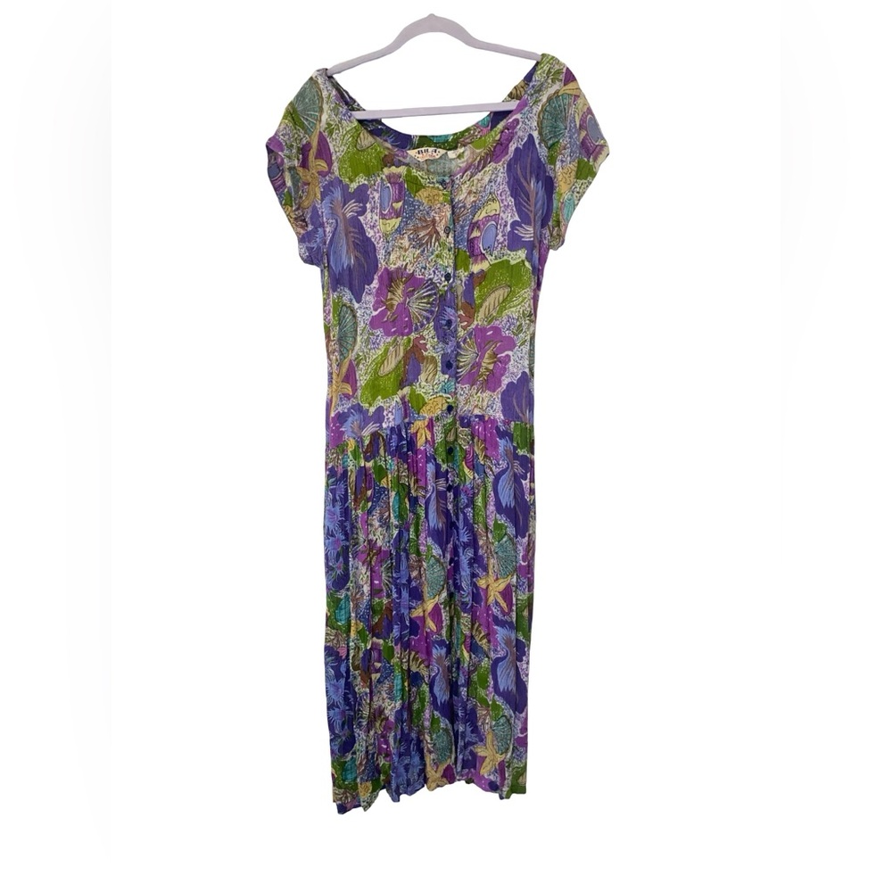 Vintage Bila  tropical button Down Midi Dress Purple Green Boho cotton Size‎ S